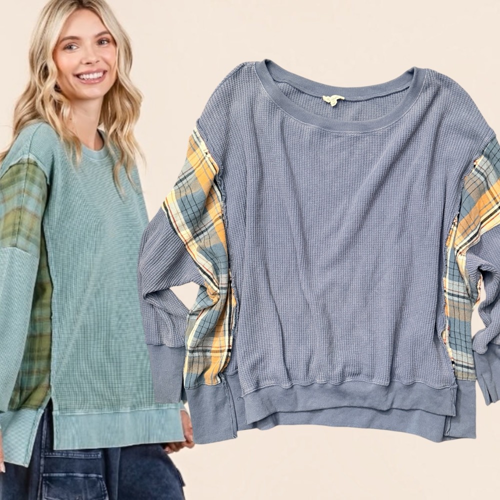 Oli and Hali Waffle Knit Top Plaid Contrast Sleeve Blue Medium